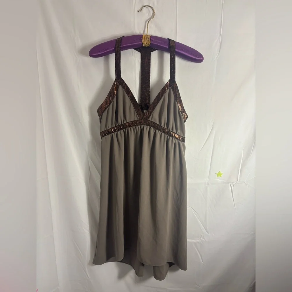 Brown Babydoll Empire Waist Metallic Copper High‎ Lo Boho Mini Dress Size M